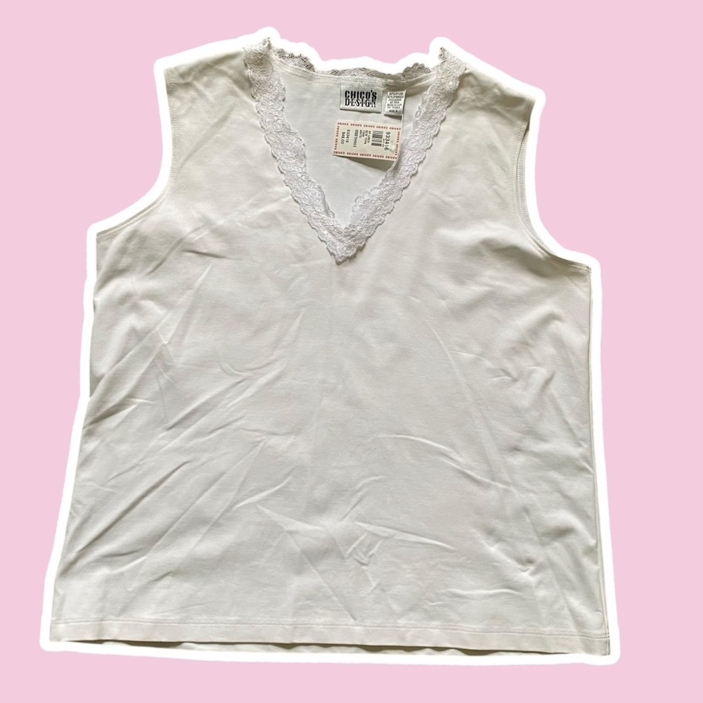 NWT ~ VTG ~ 1990s ~ Chico's ~ White Stretch Lace Trim Tank Top ~ Size 3 (XL)